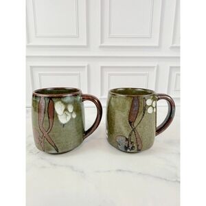 VTG PAIR (2)‎ Otagiri Green Blossom Glazed Stoneware Mugs 3 3/4" Tall